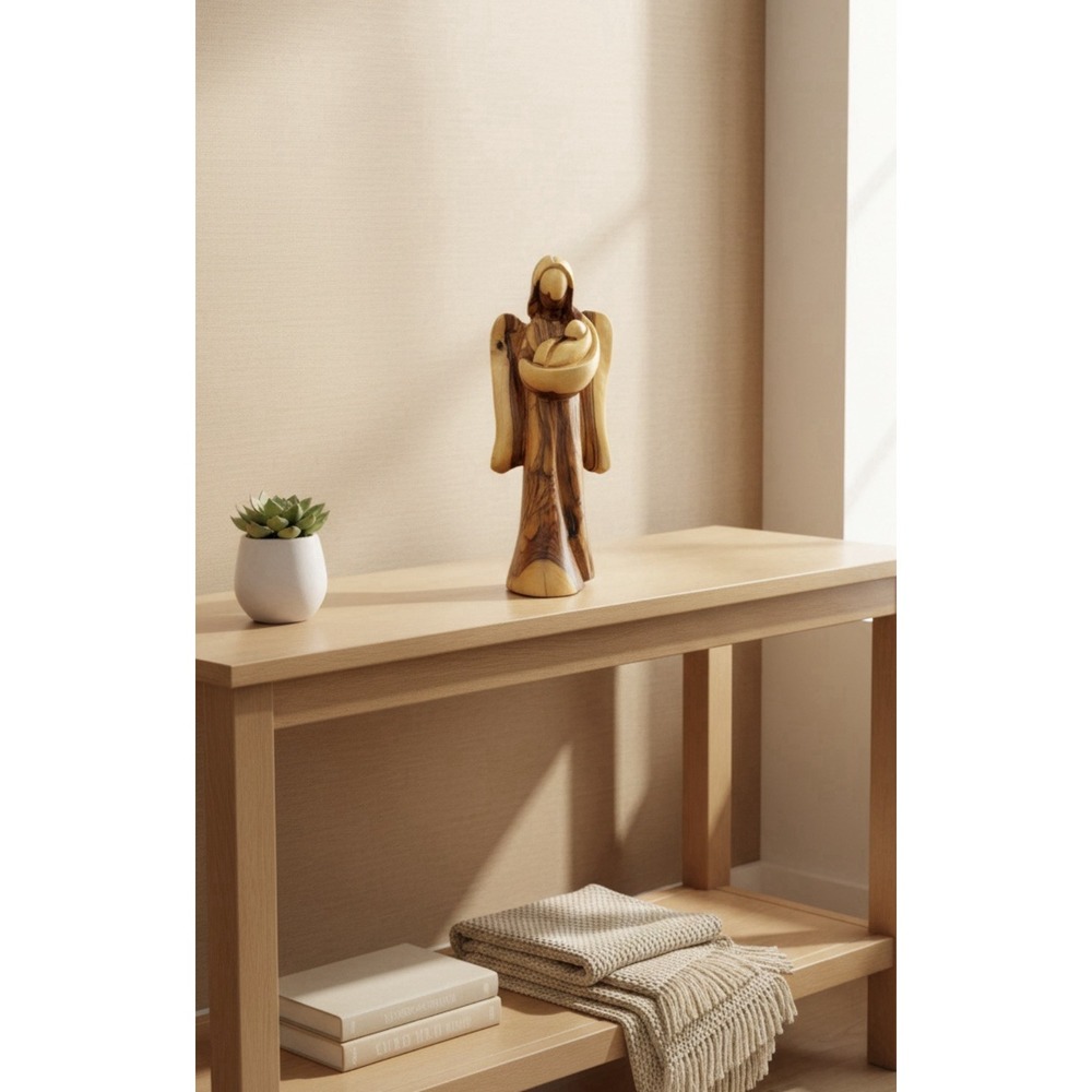 Angel With‎ Baby Hand Carved In Bethlehem Olive Wood Statue Gorgeous Christian